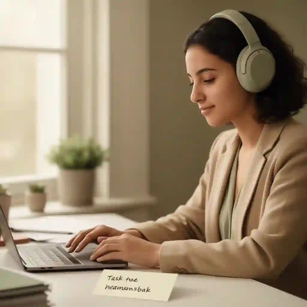 A UK professional working calmly with noise-cancelling headphones at a tidy desk.